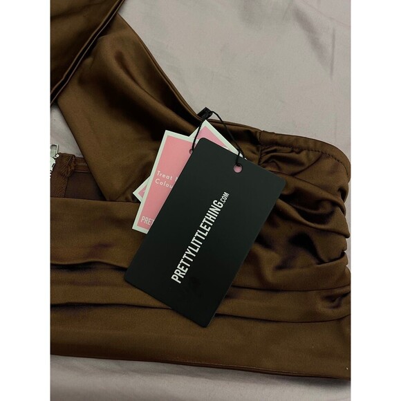 prettylittlething Chocolate Satin Cross Front Ruched Waist Halterneck Crop Top - Picture 7 of 11